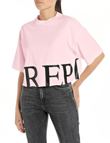 Replay Damen T-Shirt Kurzarm aus Baumwolle, Bubble Pink 066 (Rosa), XS von Replay