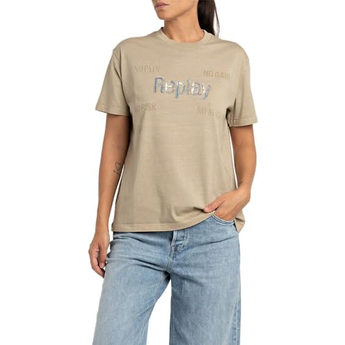 Replay Damen T-Shirt Kurzarm aus Baumwolle, Sahara 225 (Beige), L von Replay