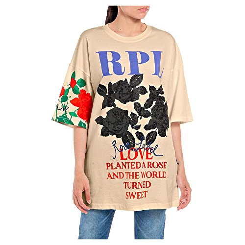 Replay Damen T-Shirt Kurzarm mit Blumen Print, Skin 611 (Beige), S von Replay