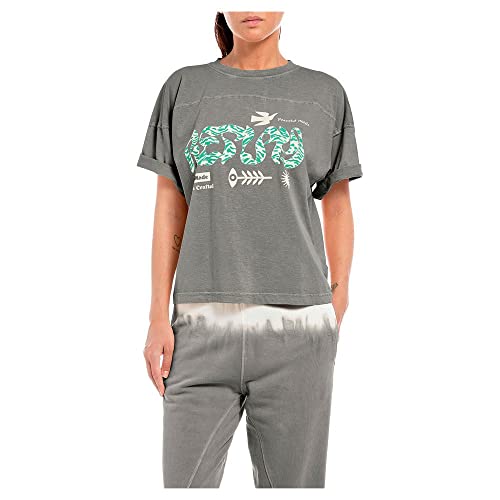 Replay Damen T-Shirt Kurzarm mit Print, Nepaly Grey 585 (Grau), M von Replay