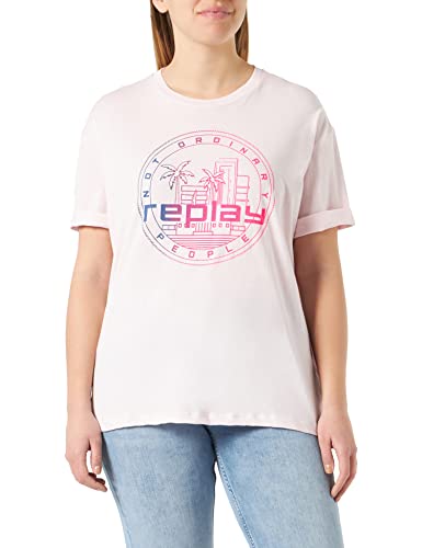 Replay Damen T-Shirt Kurzarm mit Print, Soft Pink 664 (Rosa), S von Replay