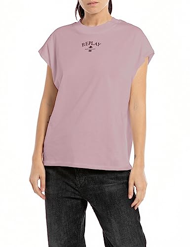 Replay Damen T-Shirt Kurzarm aus Baumwolle mit Logo, Powder Rose... 465 (Rosa), L von Replay