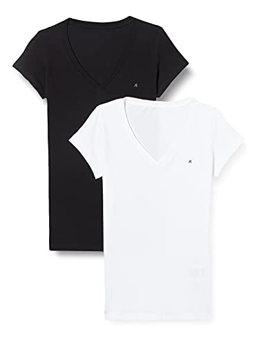 Replay Damen 2er Pack T-Shirts Kurzarm mit V-Neck Ausschnitt, Mehrfarbig (White-Black 040), XS von Replay