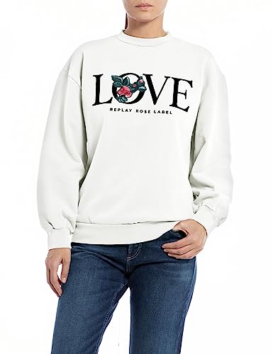 Replay Damen Sweatshirt aus Baumwolle Rose Label Collection, Natural White 011 (Weiß), L von Replay