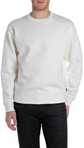 Replay Herren Sweatshirt Basic, Weiß (Natural White), M von Replay