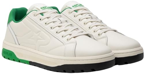 Replay Herren Sneaker aus Leder, Mehrfarbig (Off Wht Green 115), 43 von Replay