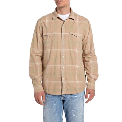 Replay Herren Hemd Kariert, Mehrfarbig (Lt Brown/Beige/Lt Green 010), L von Replay