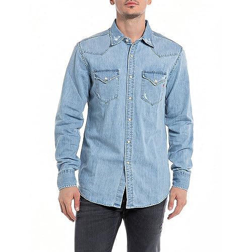 Replay Herren Hemd Langarm, Blau (Light Blue 010), S von Replay