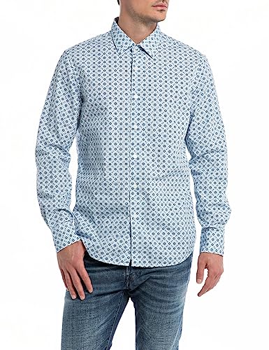 Replay Herren Hemd Langarm All Over Print, Navy/Light Blue Stripe 010 (Mehrfarbig), L von Replay