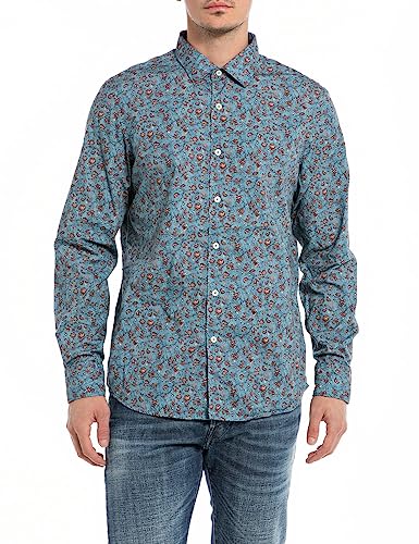 Replay Herren Hemd Langarm All Over Print, Mehrfarbig (Navy/Light Blue Stripe 010), XL von Replay