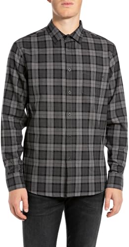Replay Herren Hemd Langarm aus Baumwolle, Mehrfarbig (Black/Dark Grey 010), XL von Replay