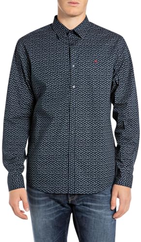 Replay Herren Hemd Langarm mit All-Over-Print, Blau (Dark Blue 010), XL von Replay