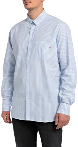 Replay Herren Hemd Langarm mit Brusttasche, Mehrfarbig (White/Blue 010), L von Replay