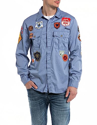 Replay Herren Hemd Langarm mit Patches, Powder Blue 593 (Blau), M von Replay