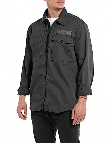 Replay Herren Hemd Langarm mit Reißverschluss, Charcoal 097 (Grau), XL von Replay