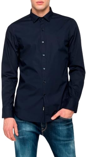 Replay Herren Hemd Langarm mit Stretch, Blue. 087 (Blau), M von Replay