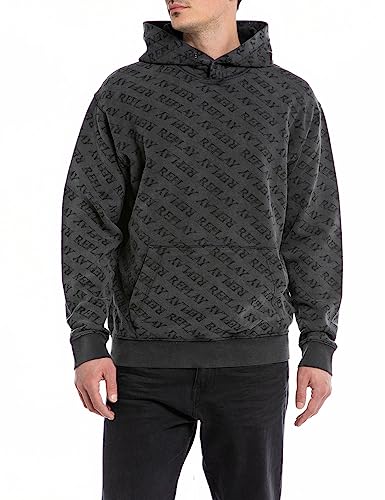 Replay Herren Hoodie mit Kapuze Logo All Over Print, Schwarz (Blackboard 099), 3XL von Replay