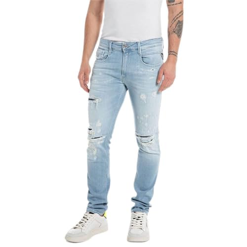 Replay Herren Jeans Anbass Slim-Fit Aged mit Power Stretch, Blau (Light Blue 010), 38W / 32L von Replay