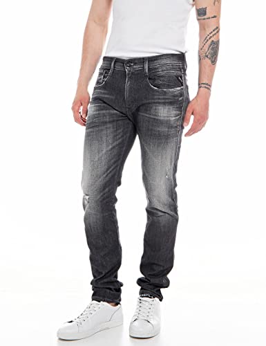 Replay Herren Jeans Anbass Slim-Fit Aged mit Power Stretch, Grau (Dark Grey 097), W33 x L32 von Replay