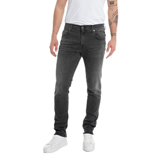 Replay Herren Jeans Mickym Slim-Fit Hyperflex mit Stretch, Dark Grey 097 (Grau), 28W / 30L von Replay
