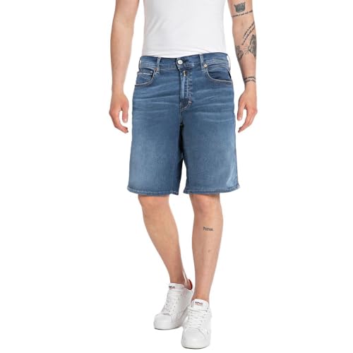 Replay Herren Jeans Shorts Grover Straight-Fit Hyperflex mit Stretch, Medium Blue 009 (Blau), 29 von Replay