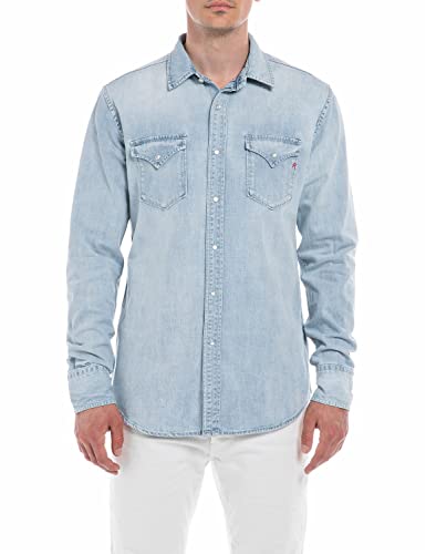 Replay Herren Jeanshemd Langarm Aged aus Baumwolle, Light Blue 010 (Blau), S von Replay