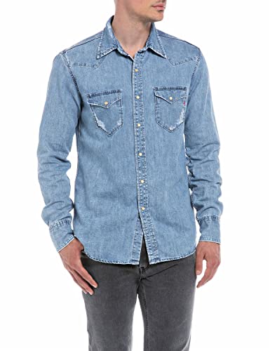 Replay Herren Jeanshemd Langarm aus Baumwolle, Medium Blue 009 (Blau), M von Replay