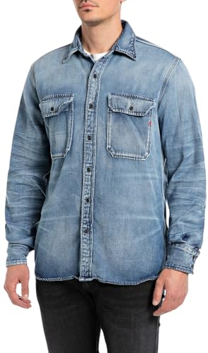 Replay Herren Jeanshemd Langarm Comfort Fit, Blau (Dark Blue 007), L von Replay