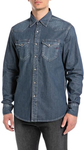 Replay Herren Jeanshemd Langarm Comfort Fit, Blau (Dark Blue 007), S von Replay