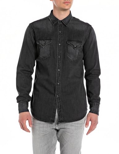 Replay Herren Jeanshemd Langarm aus Baumwolle, Black Delavè 099 (Schwarz), M von Replay