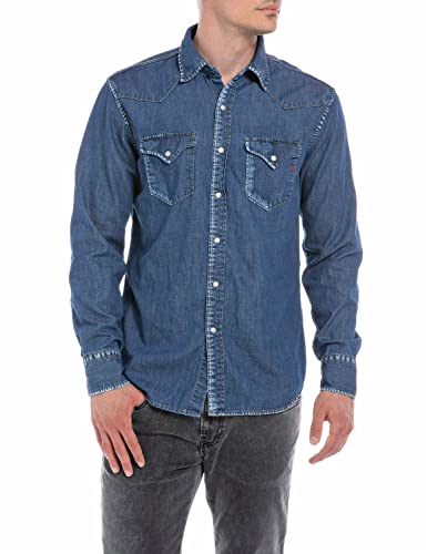 Replay Herren Jeanshemd Langarm aus Baumwolle, Dark Blue 007 (Blau), S von Replay