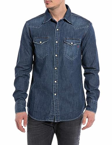 Replay Herren Jeanshemd Langarm aus Baumwolle, Dark Blue 007 (Blau), XXL von Replay