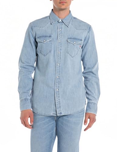 Replay Herren Jeanshemd Langarm aus Baumwolle, Light Blue 010 (Blau), M von Replay