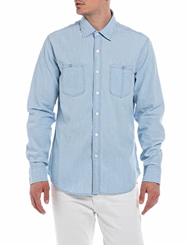 Replay Herren Jeanshemd Langarm Regular Fit, Light Blue 010 (Blau), M von Replay