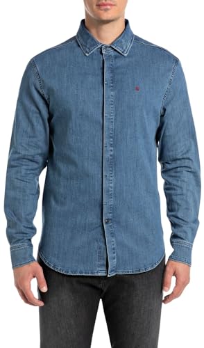 Replay Herren Jeanshemd Langarm aus Baumwollmix, Blau (Medium Blue 009), M von Replay