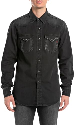 Replay Herren Jeanshemd Langarm mit Brusttaschen, Schwarz (Black Delavè 099), S von Replay