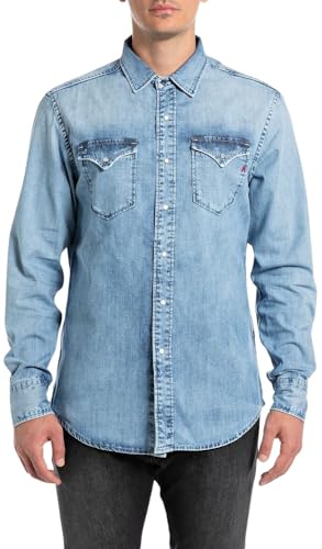 Replay Herren Jeanshemd Langarm mit Knopfleiste, Blau (Light Blue 010), S von Replay
