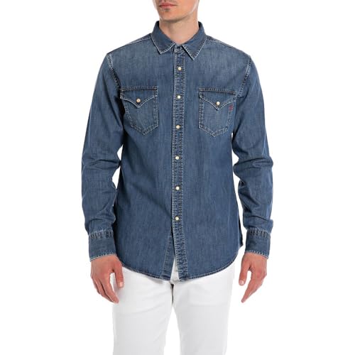 Replay Herren Jeanshemd Langarm aus Baumwolle, Medium Blue 009 (Blau), 3XL von Replay