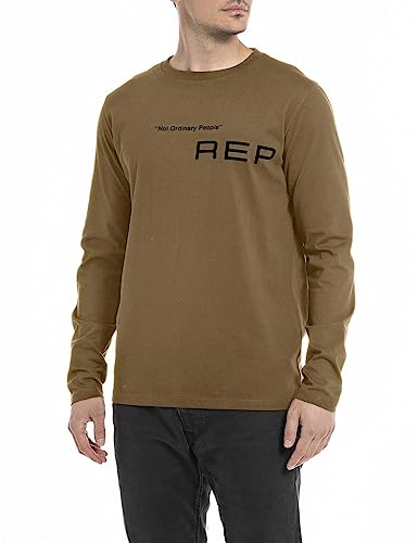 Replay Herren Langarmshirt aus Baumwolle mit Schriftzug, Army Green 238 (Grün), M von Replay