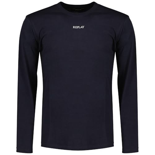 Replay Herren Langarmshirt mit Rundhalsausschnitt, Blau (Night Blue 067), L von Replay
