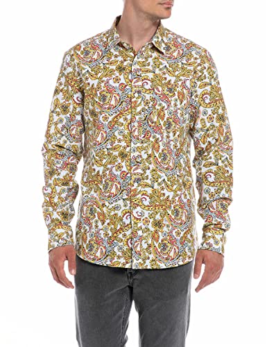 REPLAY Herren M4106 Hemd, 010 White/RED/LT Blue Paisley, M von Replay