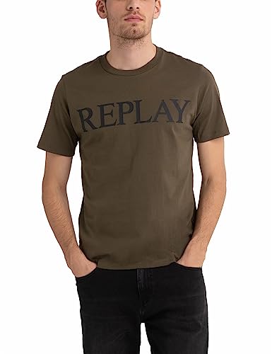 Replay Herren T-Shirt Kurzarm mit Logo Print, Army Green 238 (Grün), S von Replay