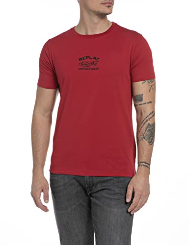 Replay Herren T-Shirt Kurzarm Schriftzug und Backprint, Chili Red 665 (Rot), L von Replay