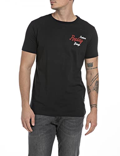 Replay Herren T-Shirt Kurzarm Schriftzug und Backprint, Black 098 (Schwarz), M von Replay