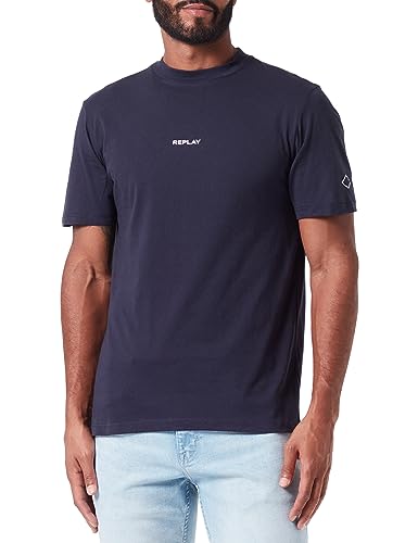 Replay Herren T-Shirt Kurzarm mit Logo, Midnight Blue. 576 (Blau), L von Replay