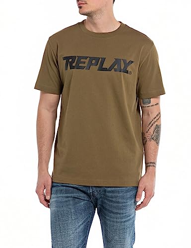 Replay Herren T-Shirt Kurzarm Rundhalsausschnitt mit Logo, Army Green 238 (Grün), M von Replay