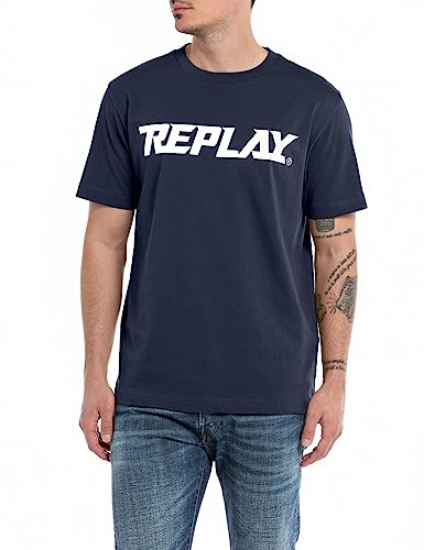 Replay Herren T-Shirt Kurzarm Rundhalsausschnitt mit Logo, Midnight Blue. 576 (Blau), M von Replay