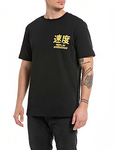 Replay Herren T-Shirt Kurzarm Rundhalsausschnitt Speedshop, Black 098 (Schwarz), L von Replay