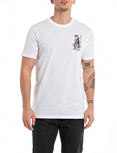 Replay Herren T-Shirt Kurzarm Rundhalsausschnitt mit Backprint, White 001 (Weiß), S von Replay