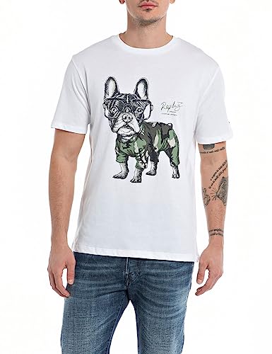 Replay Herren T-Shirt Kurzarm Rundhalsausschnitt Dog Camouglage Print, Weiß (White 001), 3XL von Replay